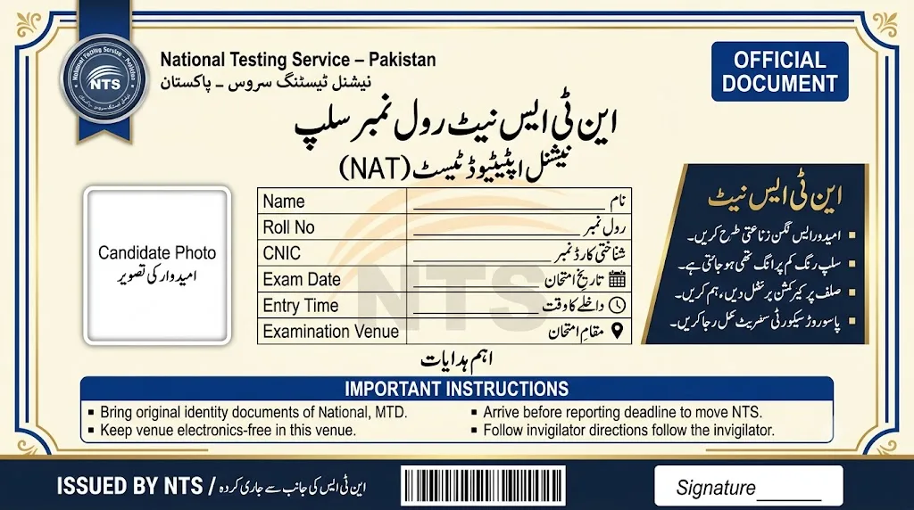 NTS National Aptitude Test NAT VII Roll No Slip 2026
